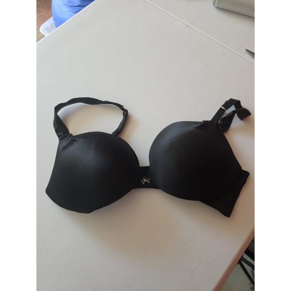 Victoria Secret Black Satin Push Up Padded Gold Bow Plunge Bra 34 D